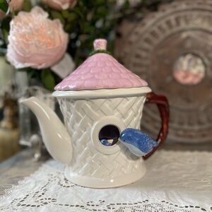 Ceramic blue bird house teapot Teleflora spring decor
